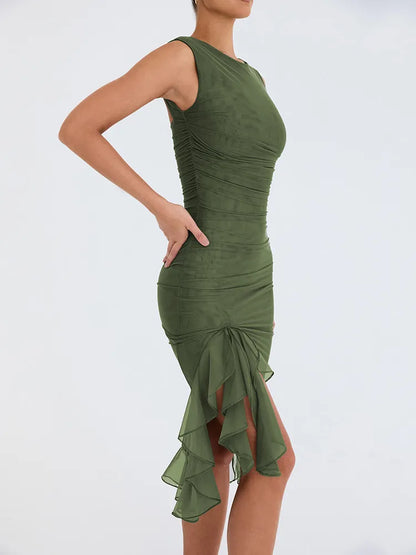 RUFFLE RUCHED MIDI DRESS -GREEN