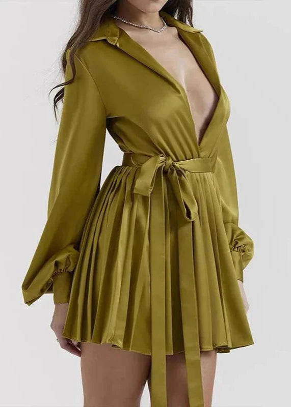 SILK LONG SLEEVE WRAP PLEATED DRESS