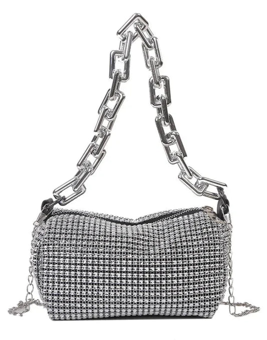 SILVER RHINESTONE AND CHAIN PURSE