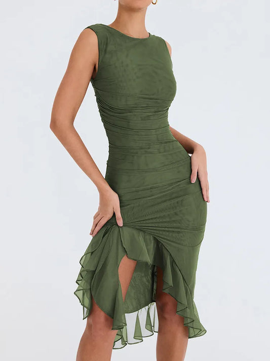 RUFFLE RUCHED MIDI DRESS -GREEN