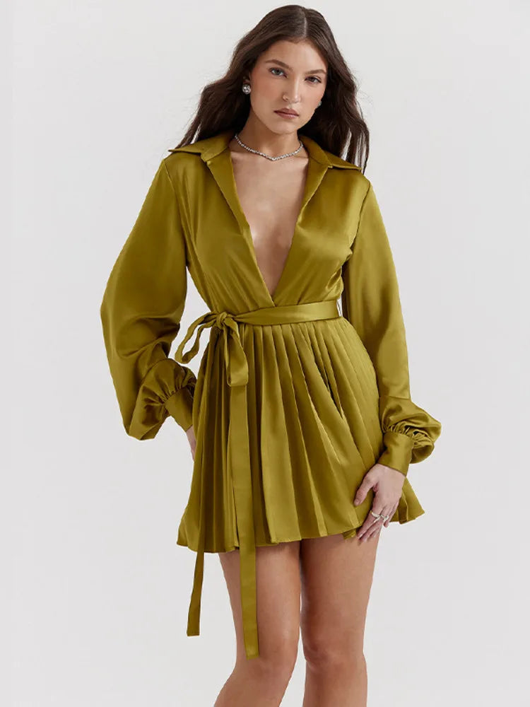 SILK LONG SLEEVE WRAP PLEATED DRESS