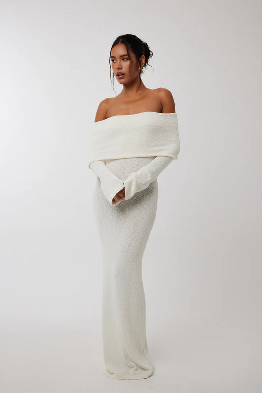 WHITE KNITTED OFF SHOULDER MAXI DRESS