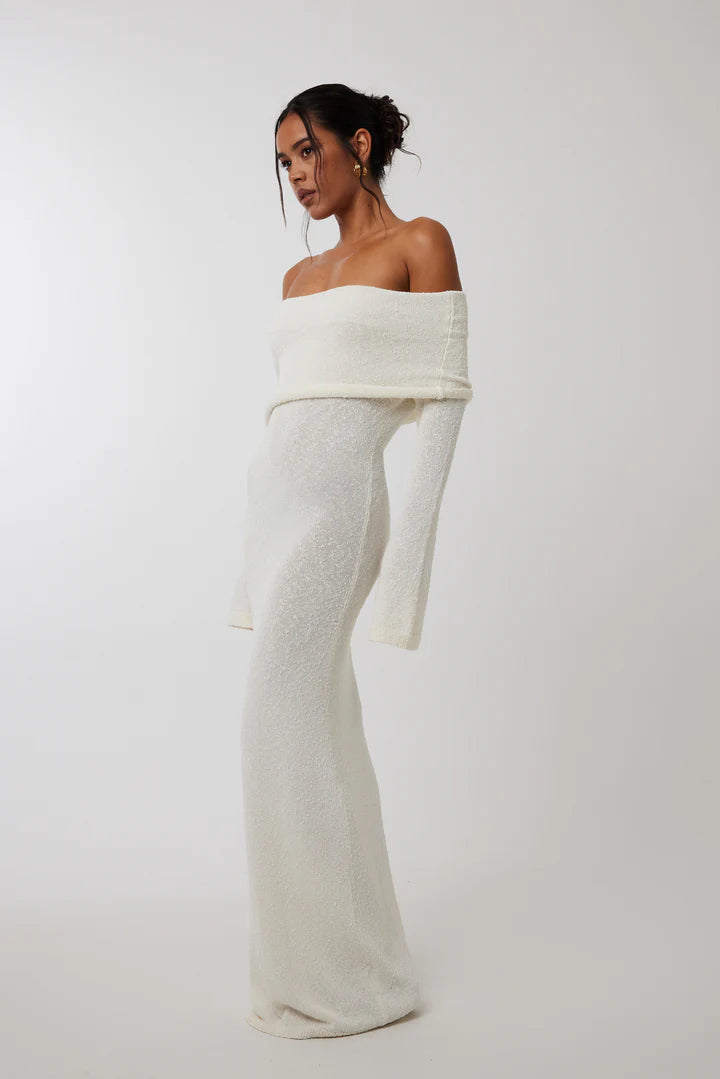 WHITE KNITTED OFF SHOULDER MAXI DRESS