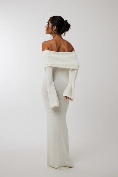 WHITE KNITTED OFF SHOULDER MAXI DRESS