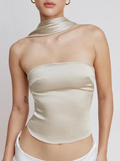 OFF SHOULDER SATIN BANDEAU TOP - CREAM