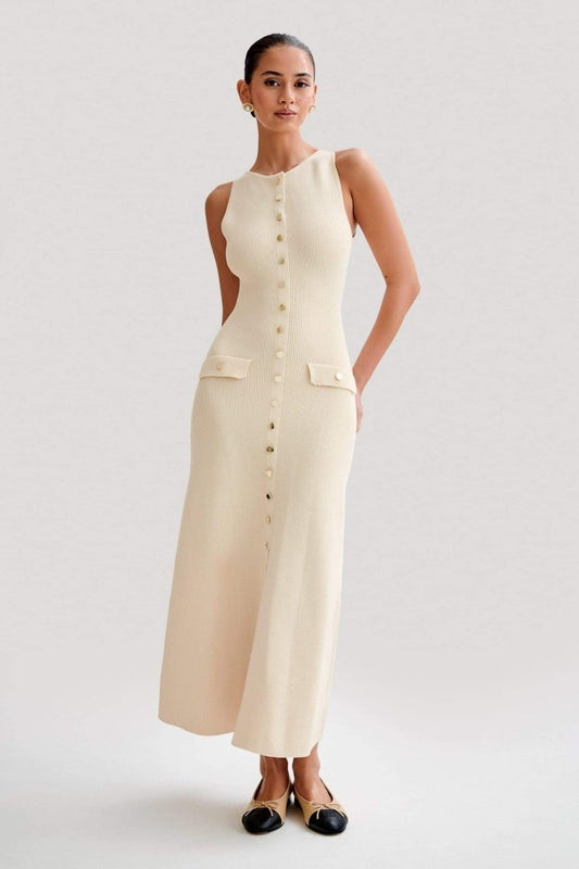 BUTTONED CREAM KNITTED MAXI DRESS