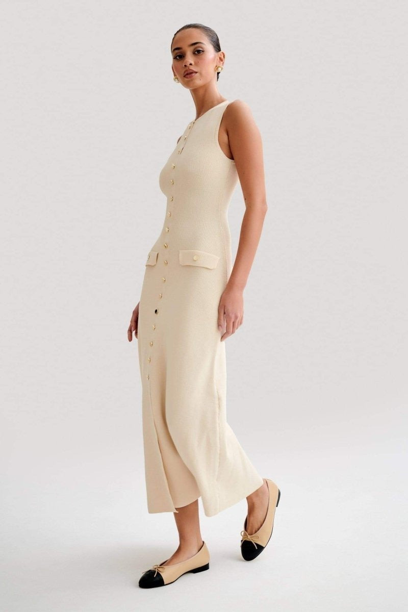 BUTTONED CREAM KNITTED MAXI DRESS