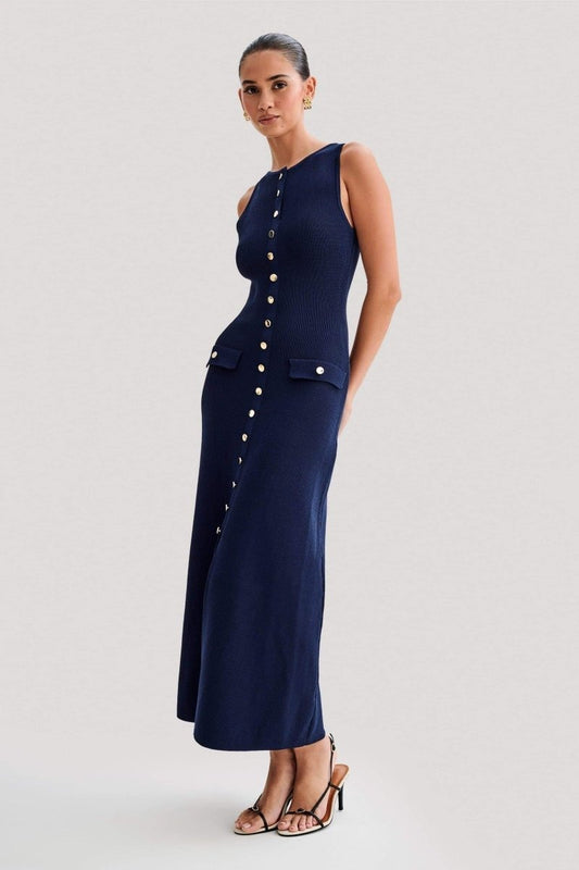 BUTTONED NAVY KNITTED MAXI DRESS