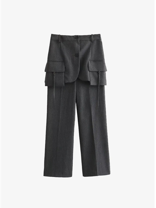 Grey Pin-Stripe Pocket Detailed Suit Pants