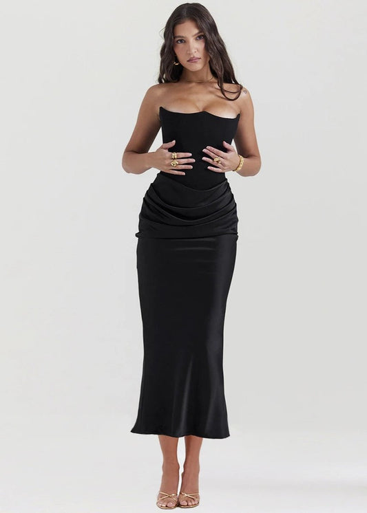 STRAPLESS VELVET AND SATIN BODY-CON MAXI DRESS