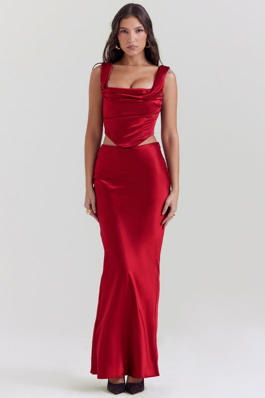 SAIRE RED SATIN CORSET SET