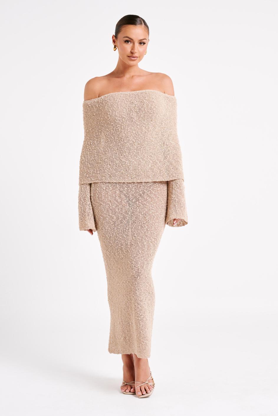 NUDE KNITTED OFF SHOULDER MAXI DRESS