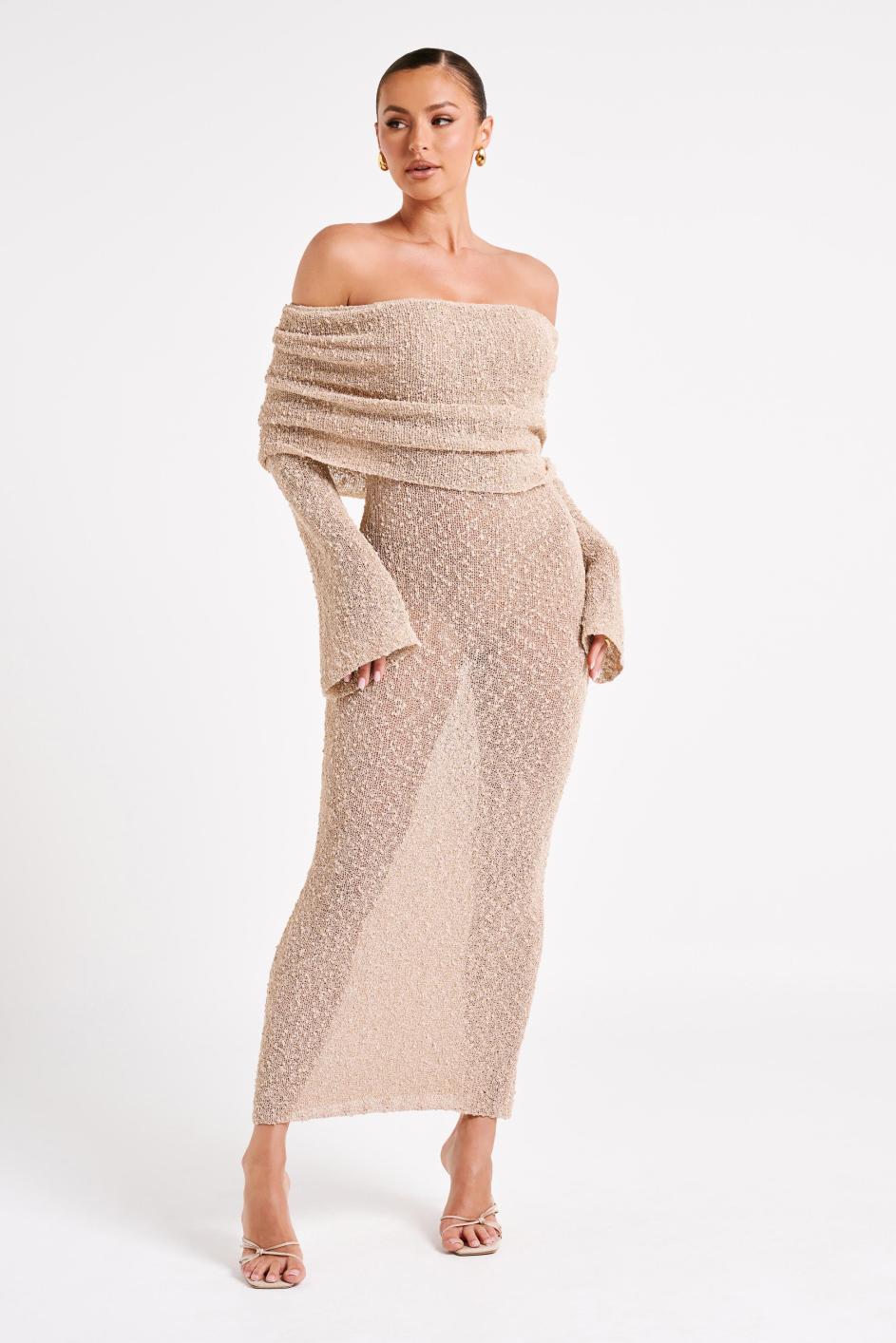 NUDE KNITTED OFF SHOULDER MAXI DRESS