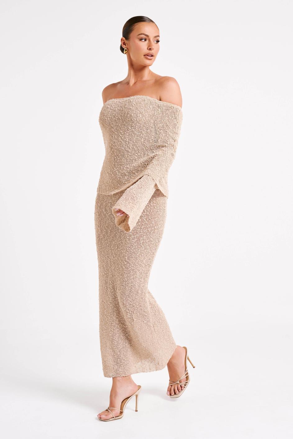 NUDE KNITTED OFF SHOULDER MAXI DRESS