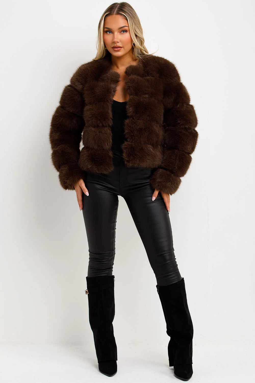 The Luxe Chocolate Brown Faux Fur Panel Jacket