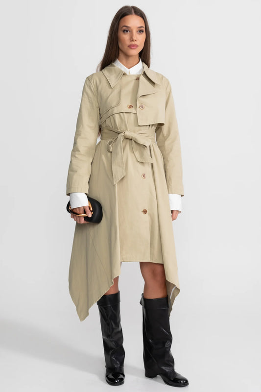 Beige Asymmetrical Long Trench Coat with Tie Belt